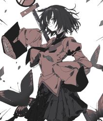 1girl bad_id bad_twitter_id bug butterfly insect limited_palette looking_at_viewer monogatari_(series) naoetsu_high_school_uniform oshino_ougi pleated_skirt road_sign school_uniform short_hair sign signature skirt sleeves_past_fingers sleeves_past_wrists solo w08322787