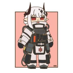 Rule 34 | 1girl, animated, animated gif, arknights, artist name, black gloves, blinking, border, chibi, closed mouth, commentary, demon horns, ear piercing, english commentary, full body, gloves, hair between eyes, hair ornament, horns, jumpsuit, kuhl-notes, light blush, long hair, long sleeves, mudrock (arknights), piercing, pointy ears, red eyes, sidelocks, simple background, solo, standing, white border, white hair, white jumpsuit
