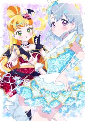 Rule 34 | 2girls, :o, blonde hair, blue dress, blush, chii (chi pppuri), copyright notice, cropped shirt, dot nose, dress, fingerless gloves, gloves, green eyes, grey hair, hair bun, hand on own hip, hashtag-only commentary, highres, himitsu no aipri, idol, idol clothes, igarashi julia, index finger raised, jewelry, long hair, looking at viewer, medium hair, midriff, miniskirt, multicolored hair, multiple girls, necklace, orange hair, parted lips, pretty series, purple eyes, red shirt, red skirt, rokudou elle, shirt, short dress, single glove, single hair bun, skirt, smile, straight hair, two-tone hair, watermark