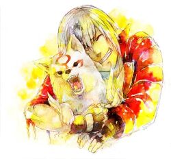 1boy 23262 amaterasu_(ookami) animal animal_hug black_eyes black_pants capcom closed_eyes coat commentary_request crossover dante_(devil_may_cry) devil_may_cry_(series) fire grin holding holding_animal holster kurosu marvel_vs._capcom marvel_vs._capcom_3 medium_hair ookami_(game) open_mouth painting_(medium) pants red_coat simple_background smile traditional_media vignetting watercolor_(medium) white_background white_hair white_wolf wolf