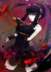 Rule 34 | 1girl, black gloves, black hair, blunt bangs, closed mouth, commentary, cowboy shot, dress, dutch angle, elbow gloves, fingerless gloves, frilled dress, frills, gloves, hair bun, halterneck, highres, holding, holding weapon, lv5plant, red eyes, sidelocks, signature, solo, spy x family, weapon, yor briar