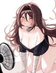 1girl @_@ absurdres ahoge all_fours bandaged_arm bandages bandaid bare_legs bare_shoulders black_choker black_headband black_shirt blush breasts brown_eyes brown_hair choker cleavage commentary electric_fan english_commentary hair_between_eyes hair_intakes headband heart heart_ahoge heart_choker heart_in_eye heart_pendant highres indie_virtual_youtuber large_breasts long_hair no_pants off-shoulder_shirt off_shoulder pendant_choker shirt sky_above_me sky_above_me_(vtuber) solo spiral sweat symbol_in_eye very_long_hair virtual_youtuber