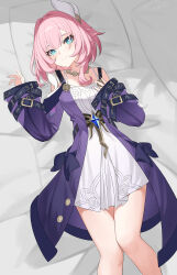 1girl absurdres bare_shoulders blue_eyes coat cyrene_(honkai:_star_rail) dress hair_ornament highres honkai:_star_rail honkai_(series) lao_xi pink_hair purple_coat short_hair smile solo