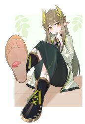 1girl 1other absurdres arknights black_boots blush boots commission disembodied_tongue embarrassed feet foot_focus foreshortening highres licking licking_foot long_hair looking_at_viewer mole muelsyse_(arknights) pixiv_commission pointy_ears presenting_foot see-through_clothes see-through_footwear simple_background sitting soles toenails toes wl217_(nicexa111) yellow_eyes
