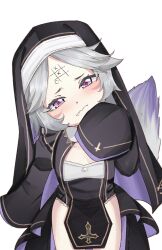 1girl arm_at_side black_dress black_veil blush child closed_mouth commission cowboy_shot cross dog_girl dog_tail dot_nose dress eyelashes fang female_focus flat_chest forehead from_above grey_hair hand_up highres indie_virtual_youtuber inverted_cross looking_at_viewer looking_up meemz_a nun pelvic_curtain pink_eyes purple_dress purple_veil raya_riot_(vtuber) sad short_hair simple_background sitting sleeves_past_fingers sleeves_past_wrists solo tail two-tone_dress two-tone_veil veil virtual_youtuber wavy_mouth white_background