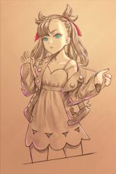 1girl blue_eyes commentary_request dress flat_chest jacket long_hair looking_at_viewer marnie_(pokemon) nintendo open_clothes open_jacket pokemon pokemon_swsh shigumo_(shigeru) solo spot_color twintails