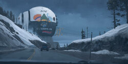 ad car cloud cloudy_sky evening highres motor_vehicle official_art pickup_truck power_lines road simon_stalenhag sky snow the_electric_state tree truck wet_lens