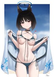Rule 34 | 1girl, animal ears, bakeneko, bikini, bikini top lift, black eyes, black nails, black tail, blue archive, blue bikini, blue halo, blue haori, blue tail, breasts, cat ears, cat girl, cat tail, clothes lift, criss-cross straps, driftkingtw, gradient tail, halo, haori, highres, japanese clothes, kikyou (blue archive), kikyou (swimsuit) (blue archive), layered bikini, looking at viewer, medium breasts, multi-strapped bikini bottom, multiple tails, navel, nipples, official alternate costume, short hair, smile, solo, standing, swimsuit, tail, two tails