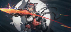 Rule 34 | 1girl, absurdres, animal ear fluff, animal ears, bare shoulders, black hair, black shorts, cat ears, cat girl, cat tail, commentary, cowboy shot, dark-skinned female, dark skin, detached sleeves, franlol, hairband, hashtag-only commentary, highres, holding, holding weapon, light trail, long hair, looking to the side, multiple tails, nekomiya mana, open mouth, parted bangs, red eyes, red hairband, red shirt, red sleeves, shirt, shorts, sleeveless, sleeveless shirt, solo, tail, two tails, weapon, zenless zone zero