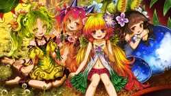 Rule 34 | 4girls, :d, ahoge, bare shoulders, barefoot, blonde hair, brown hair, commentary request, dress, duel monster, flower, fuji tarawi, grass, green eyes, green hair, hair flower, hair ornament, highres, long hair, looking at viewer, low twintails, lying, multiple girls, navel, on stomach, open mouth, partially submerged, purple eyes, red eyes, red hair, revision, sitting, smile, traptrix dionaea, traptrix mantis, traptrix nepenthes, traptrix sera, twintails, wariza, water, yokozuwari, yu-gi-oh!