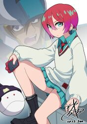 Rule 34 | 1girl, amate yuzuriha, aqua eyes, boots, dress, gundam, gundam gquuuuuux, gundam seed, hair between eyes, haro, highres, holding, kira yamato, necktie, pleated dress, red hair, school uniform, short hair, sitting, solo focus, sweater