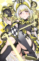 1girl 92m animal_ears black_leotard blonde_hair breasts checkered_clothes checkered_legwear checkered_pillow checkered_thighhighs detached_sleeves diamond_facial_mark duel_monster facial_mark frilled_hairband frills hairband highres leotard long_sleeves looking_at_viewer maliss_&lt;p&gt;_dormouse mouse_ears mouse_girl multicolored_hair purple_eyes see-through_clothes see-through_skirt see-through_sleeves short_hair skirt solo yu-gi-oh!
