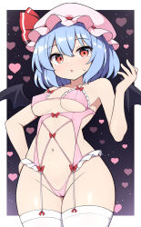 1girl :o alternate_costume bat_wings black_wings blue_hair breasts commentary_request garter_straps hat highres long_hair looking_at_viewer medium_breasts mob_cap navel one-piece_swimsuit pink_hat pink_one-piece_swimsuit red_eyes remilia_scarlet rizento short_hair solo swimsuit thighhighs touhou white_garter_straps white_thighhighs wings
