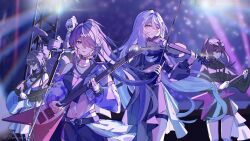 Rule 34 | 5girls, absurdres, acheron (honkai: star rail), alternate costume, bass guitar, black dress, black swan (honkai: star rail), blindfold, bow (music), brown hair, choker, closed eyes, dress, drum, drumsticks, eyewear on head, guitar, hair over one eye, highres, holding, holding bass guitar, holding drumsticks, holding guitar, holding instrument, holding violin, honkai: star rail, honkai (series), instrument, jacket, jingliu (honkai: star rail), kafka (honkai: star rail), microphone stand, midriff, multiple girls, music, naruuuuuu9, navel, open clothes, open jacket, playing instrument, purple eyes, purple hair, ruan mei (honkai: star rail), single bare shoulder, stomach, thigh strap, violin, white hair