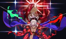 1girl artist_request asymmetrical_hair blue_eyes breasts cleavage dual_wielding earrings fate/grand_order fate_(series) grey_hair hair_ornament highres holding holding_sword holding_weapon japanese_clothes jewelry key_visual kimono large_breasts leaf_print looking_at_viewer magatama magatama_necklace maple_leaf_print miyamoto_musashi_(fate) navel necklace official_art ponytail promotional_art second-party_source short_kimono solo sword weapon