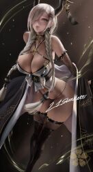Rule 34 | 1girl, 21skarlett, absurdres, azur lane, bare shoulders, black coat, black gloves, black panties, blonde hair, boots, breasts, brown horns, cleavage, coat, dark-skinned female, dark skin, earrings, elbow gloves, feet out of frame, fishnet gloves, fishnets, gloves, hair over one eye, highres, horn ornament, horns, jewelry, large breasts, leaning forward, long hair, looking at viewer, navel, owari (azur lane), panties, parted lips, revealing clothes, sakura empire (emblem), signature, solo, string panties, thigh boots, twintails, underwear, yellow eyes