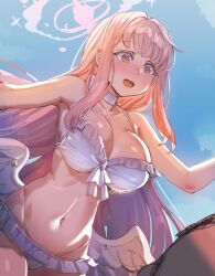 1boy 1girl bikini blue_archive blush bow_(bhp) breasts cleavage doodle_sensei_(blue_archive) falling feathered_wings frilled_bikini frills halo highres large_breasts long_hair mika_(blue_archive) mika_(swimsuit)_(blue_archive) navel official_alternate_costume open_mouth pink_hair pink_halo sensei_(blue_archive) sky sweatdrop swimsuit tripping white_bikini white_wings wings yellow_eyes