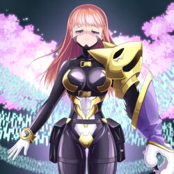 1girl armor black_bodysuit bodysuit breasts brown_hair cherry_blossoms chest_harness corruption cosplay cowboy_shot dark_persona digimon digimon_tamers gold_armor harness k0n0n large_breasts long_hair makino_ruki sakuyamon sakuyamon_(cosplay) shoulder_armor solo