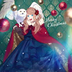 1girl animal animal_on_shoulder bird bird_on_shoulder blue_eyes brown_hair christmas christmas_ornaments cloak commentary_request dress flower fuma_(fuh) fur_collar gloves hairband highres long_hair looking_at_viewer merry_christmas open_mouth original owl poinsettia skirt_hold smile snowy_owl solo