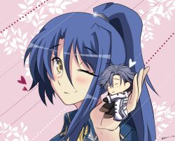 1boy 1girl ahoge black_hair blue_hair chibi commentary commission curtained_hair eiyuu_densetsu english_commentary hair_between_eyes heart highres laura_s._arseid long_hair long_sidelocks looking_at_viewer one_eye_closed parted_bangs ponytail rean_schwarzer sen_no_kiseki sen_no_kiseki_(series) sen_no_kiseki_iii short_hair sidelocks single_sidelock smile spirit_rise twitter_username yellow_eyes