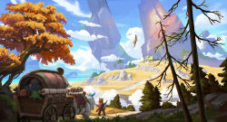 1other carriage chinnkun cloud dirt_road fantasy from_behind grass hill landscape mountain nature original painterly road sky tree yellow_leaf