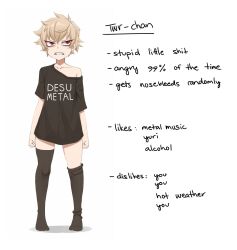 Rule 34 | 1girl, angry, bare shoulders, black shirt, black socks, blonde hair, clenched hands, clothes writing, desu, flat chest, highres, messy hair, original, red eyes, sharp teeth, shirt, short hair, socks, teeth, thighhighs, twr-chan, twr-tan, twrlare, zettai ryouiki