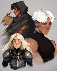 Rule 34 | 1girl, 1other, 2boys, abs, armor, black cloak, black eyes, black hair, blonde hair, cloak, cougar, crew neck, dark-skinned male, dark skin, earrings, green eyes, grey background, highres, hood, hood up, hoop earrings, jewelry, looking at viewer, messy hair, mole, mole under eye, multiple boys, nipples, orange eyes, original, sam yang, serious, short hair, simple background, stud earrings, toned, toned male, upper body, war paint