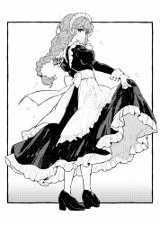 1girl apron border closed_mouth commentary_request dress frilled_apron frilled_dress frilled_headwear frills full_body greyscale juliet_sleeves long_sleeves maid maid_apron maid_headdress monochrome original outside_border platform_heels puffy_sleeves shiromine_kana skirt_hold solo watermark