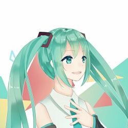 Rule 34 | 1girl, aqua background, aqua eyes, aqua hair, aqua necktie, bare shoulders, black sleeves, collared shirt, commentary, detached sleeves, dot nose, eyelashes, hair between eyes, hair ornament, hand on own chest, happy, hatsune miku, kirina zero, long hair, long sleeves, looking ahead, necktie, open mouth, shirt, sleeveless, sleeveless shirt, smile, solo, triangle, twintails, two-tone background, upper body, very long hair, vocaloid, white background, white shirt