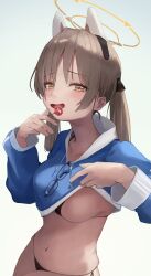 1girl absurdres bikini black_bikini blue_archive blue_hoodie blush breasts brown_eyes brown_hair candy clothes_lift cropped_hoodie food halo highres holding holding_candy holding_food hood hoodie hoodie_lift jun_daniell large_breasts long_hair long_sleeves looking_at_viewer moe_(blue_archive) moe_(swimsuit)_(blue_archive) navel official_alternate_costume open_mouth side-tie_bikini_bottom solo swimsuit yellow_halo
