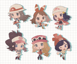 6+girls :d :o beanie black_hair black_vest boots bow_hairband brown_eyes brown_hair bucket_hat chibi chibi_only closed_mouth commentary_request dawn_(pokemon) eyewear_on_headwear fang green_shorts grid_background hair_flaps hairband hands_on_own_hips hat highres hilda_(pokemon) hime_(himetya105) leaf_(pokemon) long_hair loose_socks may_(pokemon) medium_hair multiple_girls nintendo one_eye_closed open_clothes open_mouth open_vest pink_hat pink_skirt pleated_skirt pokemon pokemon_bw pokemon_dppt pokemon_frlg pokemon_oras pokemon_sm pokemon_xy red_hairband red_hat red_shirt red_skirt scarf selene_(pokemon) serena_(pokemon) shirt shoes shorts sidelocks skirt sleeveless sleeveless_shirt smile socks sunglasses thighhighs tied_shirt vest wristband yellow_shoes