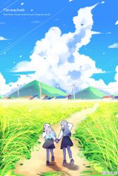 Rule 34 | 2girls, black hairband, black ribbon, cloud, cloudy sky, commentary, electronduck, english commentary, firefly (honkai: star rail), firefly (spring missive) (honkai: star rail), gradient hair, grass, grey sailor collar, grey skirt, hair between eyes, hair intakes, hair ornament, hair ribbon, hairband, hand on own head, highres, holding hands, honkai: star rail, honkai (series), house, long hair, looking to the side, mixed-language commentary, multicolored hair, multiple girls, pleated skirt, power lines, ribbon, sailor collar, skirt, sky, stelle (honkai: star rail), thighhighs, trailblazer (honkai: star rail), twitter username, white thighhighs, yuri