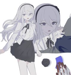 Rule 34 | 1girl, black hairband, black ribbon, black skirt, blood on gloves, blue jacket, collared shirt, commentary, dated, grey eyes, grey jacket, hai (haihki), hairband, highres, jacket, kashimiya karua, light blush, long hair, multicolored jacket, multiple views, neck ribbon, open clothes, open jacket, out of frame, ribbon, shirt, skirt, sumino takumi, sweat, symbol-only commentary, the hundred line -last defense academy-, twitter username, two-tone jacket, white jacket, white shirt