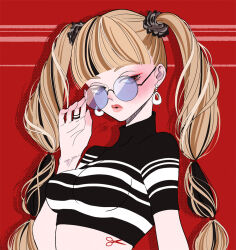 1girl black_nails blonde_hair blush cropped_shirt earrings eyeliner flower glasses hair_between_eyes hair_ornament half-closed_eyes jewelry makeup multicolored_hair nail_polish original puckered_lips red_eyeliner red_eyes round_eyewear scissors shirt stomach_tattoo streaked_hair striped_clothes striped_shirt tattoo turtleneck turtleneck_shirt twintails yatsuki_natsumi