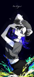 1girl bad_tag blue_eyes blue_hair english_text gradient_hair highres hinako12 looking_at_viewer medalist_(manga) multicolored_hair okazaki_iruka partially_colored shirt solo splashing t-shirt