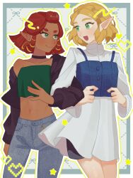 2girls alternate_costume artist_name black_choker blonde_hair blue_background blue_pants blush braid breasts buttons chain choker closed_mouth collarbone crop_top crown_braid dark-skinned_female dark_skin denim dress ear_piercing gerudo green_eyes hair_ornament heart highres jeans jewelry locked_arms long_sleeves looking_at_another makeup midriff multiple_girls nameko_(nanakake2) navel necklace nintendo off_shoulder open_mouth outline pants patterned_background piercing pointy_ears princess_zelda red_hair riju short_hair sidelocks single_bare_shoulder smile strapless sweater the_legend_of_zelda the_legend_of_zelda:_tears_of_the_kingdom thick_eyebrows tube_top twitter_username white_background white_dress yellow_outline