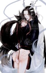 2boys androgynous animal_ears arms_around_neck arms_up ass bare_legs between_legs bishounen black_hair black_hanfu chinese_clothes closed_mouth couple dragon_boy eastern_dragon_horns eastern_dragon_tail eyelashes fang fox_boy fox_ears fox_tail grabbing_another&#039;s_ass groping hair_ribbon hands_on_another&#039;s_ass hanfu headband height_difference highres horns hug kemonomimi_mode lan_wangji long_hair long_sleeves looking_at_viewer looking_back male_focus modao_zushi multiple_boys no_pants ojisan_rbt ponytail red_eyes red_ribbon ribbon ribboned_xiao_guan robe simple_background skin_fang standing tail tail_between_legs topknot twitter_username underwear watermark wei_wuxian white_background white_hanfu white_headband white_loincloth wide_sleeves xiao_guan_(headdress) yaoi yellow_eyes