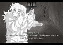 2girls copyright_name deltarune english_text furry furry_female greyscale hand_up highres indoors long_hair long_sleeves looking_at_viewer monochrome multiple_girls noelle_holiday pointing slay_the_princess susie_(deltarune) vaugely10