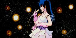animated animated_gif blue_hair choujikuu_yousai_macross lowres lynn_minmay macross microphone sign tagme