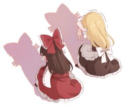 2girls apron black_vest blonde_hair bow brown_hair cat_shadow_puppet_(meme) detached_sleeves different_shadow double_w dress frilled_bow frilled_hair_tubes frills from_behind gohei hair_bow hair_tubes hakurei_reimu hat hat_bow ikeyan0677 kirisame_marisa long_hair meme multiple_girls red_bow red_skirt ribbon-trimmed_sleeves ribbon_trim shadow_puppet skirt skirt_set squatting touhou vest w waist_apron