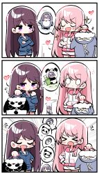 Rule 34 | &gt; &lt;, 3girls, absurdres, animal costume, bang dream!, bang dream! it&#039;s mygo!!!!!, black hair, blue shirt, blue shorts, chihaya anon, closed eyes, commentary, grey hair, heart, highres, jacket, long hair, long sleeves, mole, mole under eye, multiple girls, pajamas, panda costume, penguin costume, pink hair, pink jacket, pink shorts, purple hair, shiina taki, shirt, short hair, shorts, takamatsu tomori, u u, zhanzhangzlw