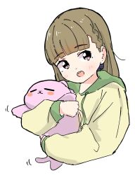 1girl :3 :d animal animal_hug animalization anyoji_hime blush blush_stickers braid brown_hair center-flap_bangs closed_eyes commentary_request cropped_torso highres hood hoodie kachimachi_kosuzu kachimachi_kosuzu_(summer_loungewear) link!_like!_love_live! looking_at_viewer love_live! official_alternate_costume open_mouth pink_eyes seal_(animal) side_ahoge side_braids simple_background smile tazaki_masanobu virtual_youtuber white_background yellow_hoodie