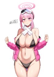 1girl absurdres bikini black_bikini blue_archive blush breasts cleavage commentary_request cowboy_shot dated eimi_(blue_archive) eimi_(swimsuit)_(blue_archive) goggles goggles_on_head halo highres jacket large_breasts long_hair long_sleeves looking_at_viewer lu_ke_ge_ge navel official_alternate_costume open_clothes open_jacket padded_jacket parted_lips pink_eyes pink_hair pink_halo scarf signature simple_background solo swimsuit white_background white_scarf
