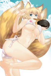 1girl animal_ears ass barefoot bikini blonde_hair blue_eyes blue_sky bowl breasts chopsticks cloud cloudy_sky commentary_request day eating food_in_mouth fox_ears fox_tail hataraki_kuma highres holding holding_bowl holding_chopsticks large_breasts leg_up looking_at_viewer mouth_hold multiple_tails navel outdoors partial_commentary short_hair side-tie_bikini_bottom sky smile solo standing standing_on_one_leg swimsuit tail touhou white_bikini yakumo_ran