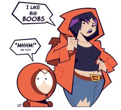 1boy 1girl absurdres backpack bag belt black_hair black_shirt blue_pants commentary crop_top english_commentary english_text goodbyellow highres jacket kenny_mccormick multicolored_hair navel orange_jacket pants parka purple_hair purple_lips shirt short_hair signature simple_background south_park south_park:_joining_the_panderverse speech_bubble streaked_hair torn_clothes torn_pants white_background