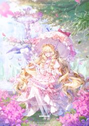 1girl absurdres bird blonde_hair bow day daziran_ran_ran dress flower fountain frilled_dress frills full_body highres holding holding_umbrella lolita_fashion long_hair long_sleeves looking_at_viewer open_mouth original outdoors parasol petals pink_bow pink_dress pink_eyes pink_flower puffy_sleeves sitting smile socks solo umbrella very_long_hair white_dress white_socks