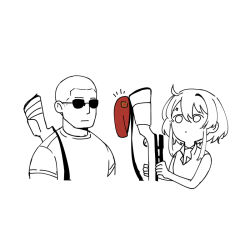 1boy 1girl bare_shoulders beret buzz_cut closed_mouth collared_shirt courier_(fallout:_new_vegas) craig_boone fallout fallout:_new_vegas gun hair_between_eyes hat holding holding_gun holding_weapon milramemo noelle_(milramemo) notice_lines red_hat rifle scope shirt short_hair short_sleeves simple_background single_hair_intake sleeveless sleeveless_shirt sniper_rifle spot_color sunglasses unworn_hat unworn_headwear upper_body very_short_hair weapon white_background