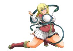 1girl aqua_eyes arm_behind_back blonde_hair blue_necktie blush bound bound_arms bound_legs breasts corset embarrassed enome full_body futoku_no_guild hair_between_eyes half-closed_eyes huge_breasts kneeling long_hair long_sleeves looking_at_viewer magyo necktie open_mouth outstretched_arm pleated_skirt red_corset shibari shibari_over_clothes simple_background skirt snake solo thighs white_background