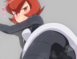 1girl :q ass black_bodysuit blush bodysuit bodysuit_under_clothes breasts closed_mouth commentary curakuru dress flipped_hair grey_background heart looking_at_viewer mars_(pokemon) naughty_face nintendo pokemon pokemon_dppt red_eyes red_hair short_dress smile solo steaming_body team_galactic team_galactic_uniform tongue tongue_out