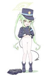 1girl blue_archive blush demon_tail full_body green_hair hair_between_eyes halo hat highres horns jacket loli long_hair long_sleeves looking_at_viewer morita_(mofuball319) navel nozomi_(blue_archive) open_mouth pantyhose shirt shoes simple_background smile solo standing tail twintails underwear very_long_hair white_background yellow_eyes